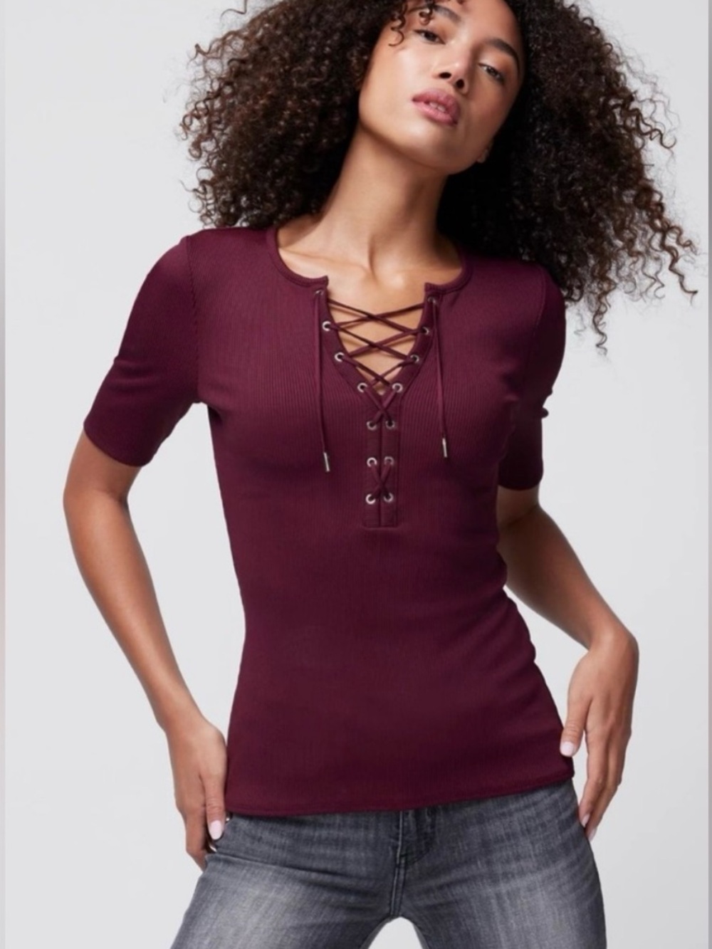 WHBM Forme Lace-Up Short Sleeve Top in Berry Women's Large